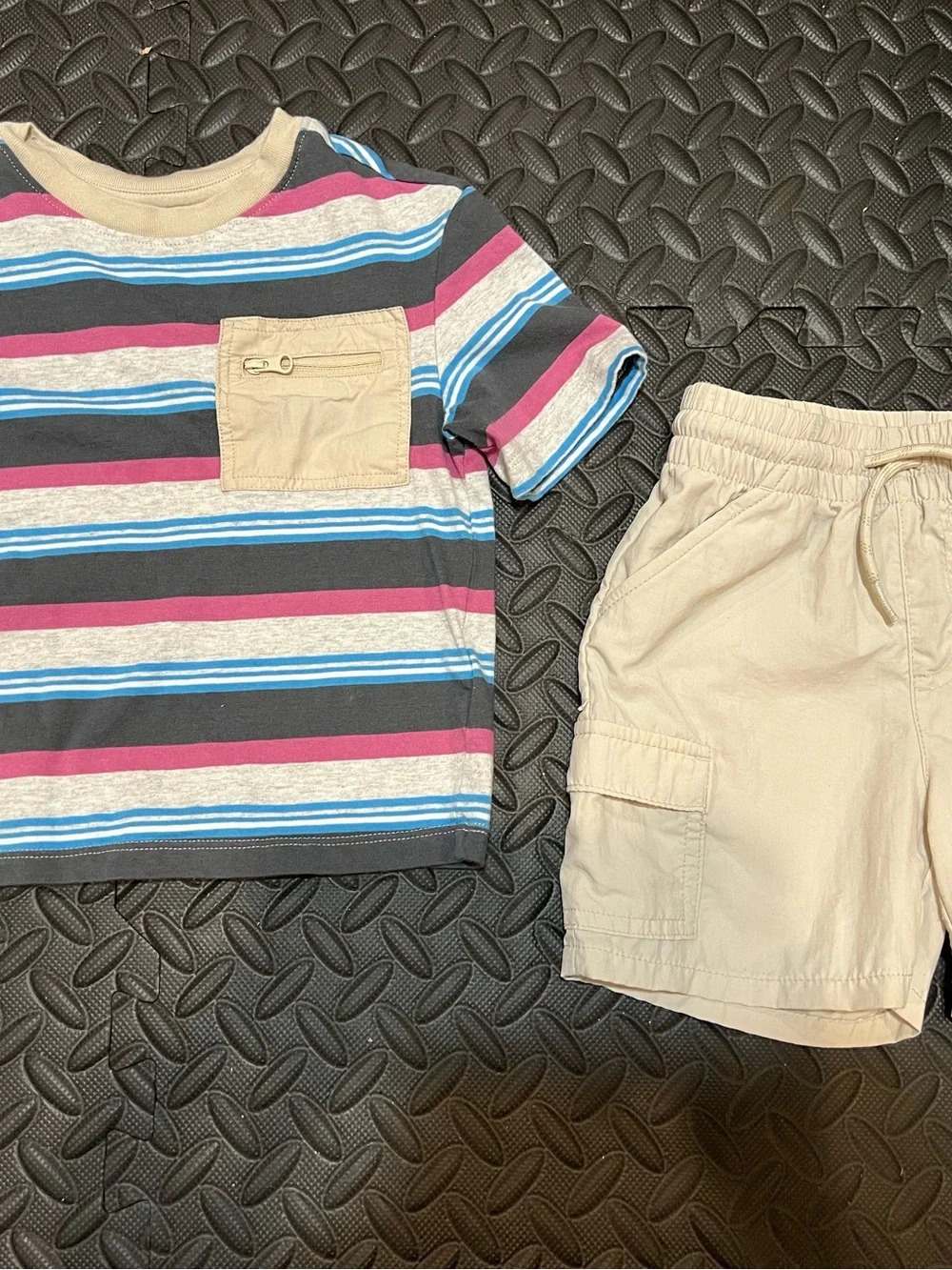Old Navy Striped Short Sleeve Tee and Beige Cargo Shorts - Blue/Pink/Gray